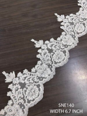White net embroidery lace with cording, 6.7 inch width, sold per meter