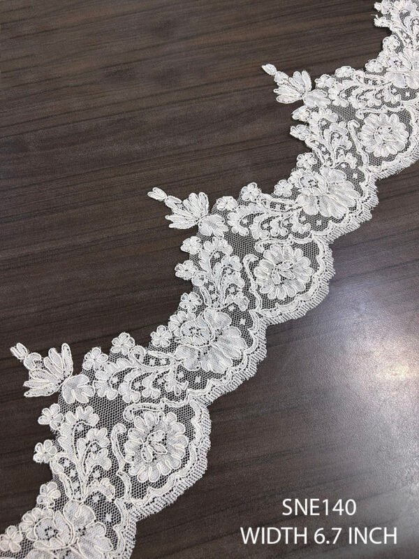 White net embroidery lace with cording, 6.7 inch width, sold per meter