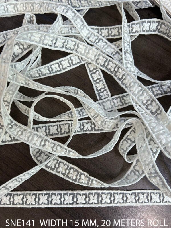 Organza Poly White Net Embroidery Lace SNE141 – 15mm width, 20m roll