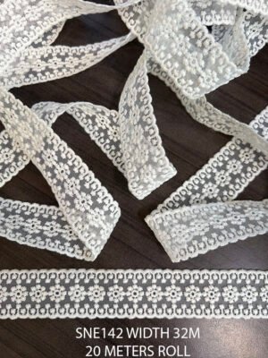 Organza Poly White Net Embroidery Lace SNE142 – 32mm width, 20m roll