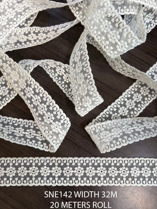 Organza Poly White Net Embroidery Lace SNE142 – 32mm width, 20m roll