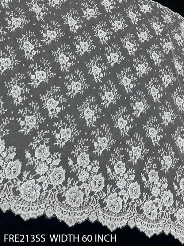 FRE213SS Chantilly Eyelash Lace Fabric – White Dyeable 60 Inch Width Roll