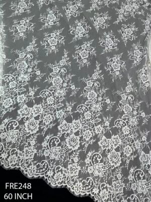FRE248 Chantilly Lace Fabric 60 Inch – White Dyeable Scalloped Design, 3 Meter Roll