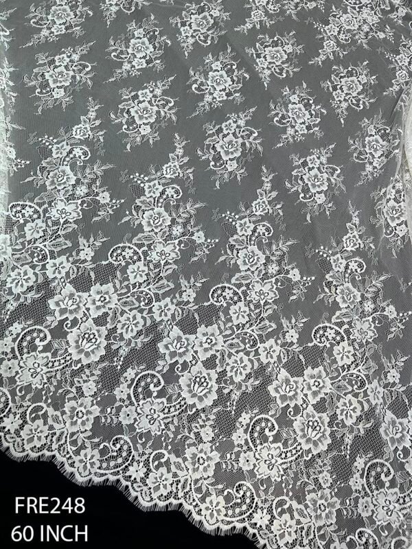 FRE248 Chantilly Lace Fabric 60 Inch – White Dyeable Scalloped Design, 3 Meter Roll