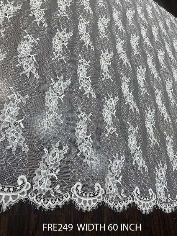 FRE249 Chantilly White Dyeable Lace Fabric, 60-inch width, 3-meter roll – premium textile for bridal and couture designs.
