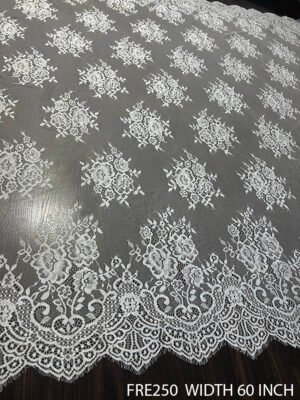 FRE250 Chantilly White Delicate Soft Luxury Bridal Lace Fabric, 60-inch width, 3-meter roll – premium dyeable textile for couture and bridal designs.