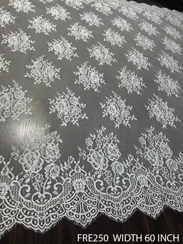 FRE250 Chantilly White Delicate Soft Luxury Bridal Lace Fabric, 60-inch width, 3-meter roll – premium dyeable textile for couture and bridal designs.