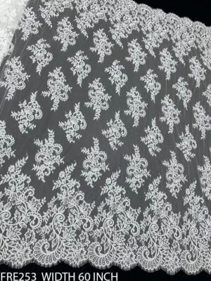FRE253 Chantilly Eyelash Lace Fabric – White Dyeable 60 Inch Width Roll
