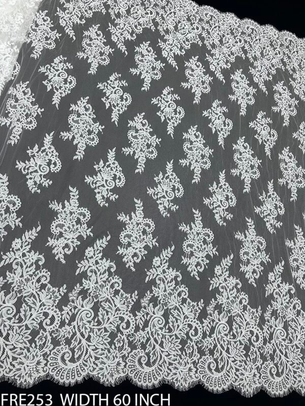 FRE253 Chantilly Eyelash Lace Fabric – White Dyeable 60 Inch Width Roll