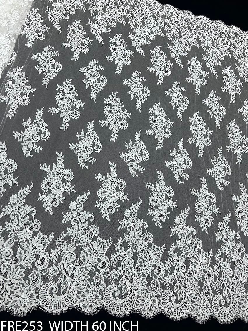 FRE253 Chantilly Eyelash Lace Fabric – White Dyeable 60 Inch Width Roll