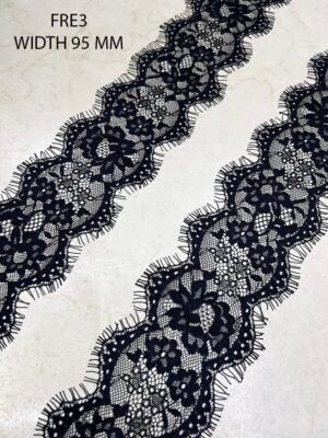 Fre3 Chantilly Eyelash Black Lace fabric roll, 95mm width, 3 meters length – luxury textile for couture and bridal designs