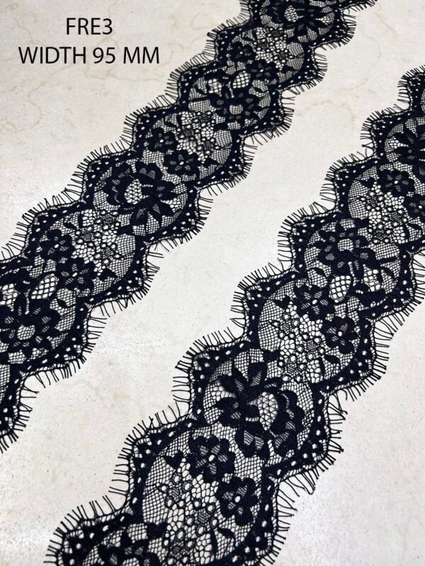 Fre3 Chantilly Eyelash Black Lace fabric roll, 95mm width, 3 meters length – luxury textile for couture and bridal designs