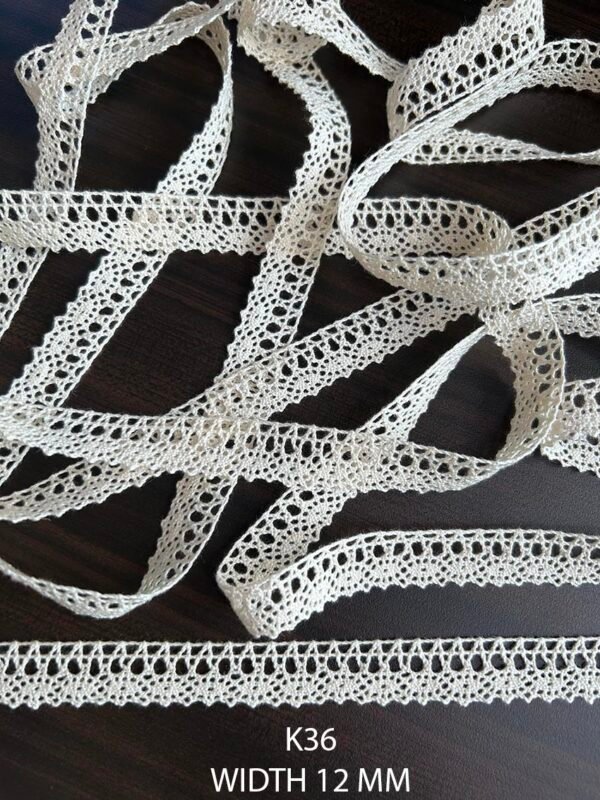 K36 fine cotton crochet lace trim 12mm dyeable sold per meter