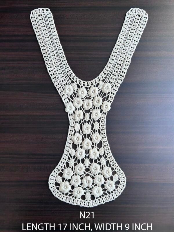 N21 cotton lace neck patch in 17 inch length and 9 inch width, dyeable fabric