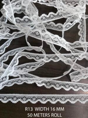 White nylon Raschel fine lace R13, 16mm width, dyeable, 50m roll