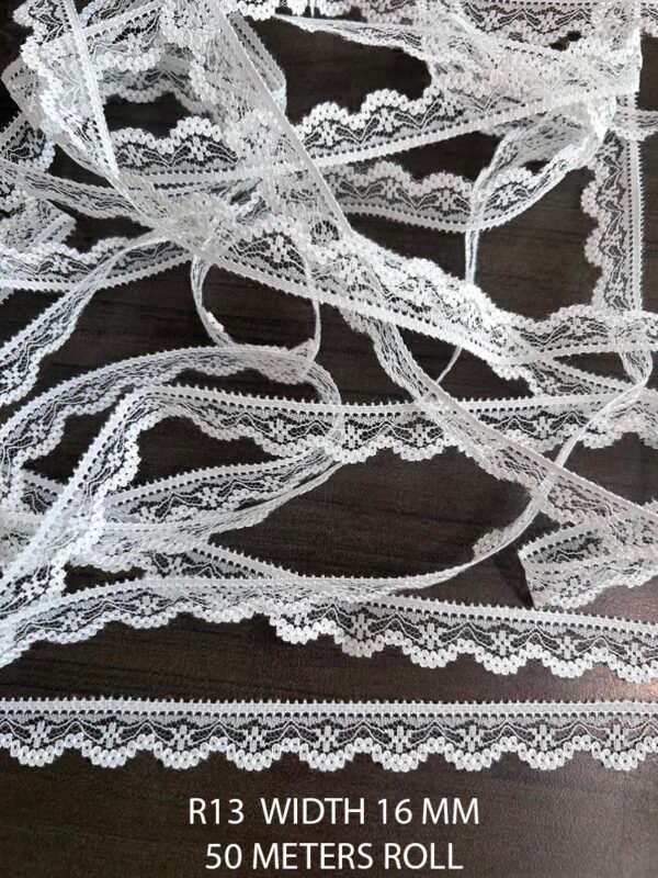 White nylon Raschel fine lace R13, 16mm width, dyeable, 50m roll