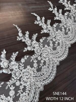 Premium SNE144 White Cording Bridal Net Luxury Lace fabric, super white, 12 inch width