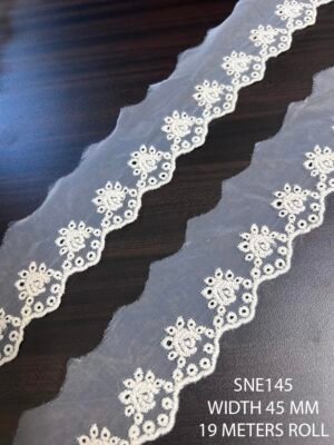 Premium embroidered cotton lace on organza base, dyeable, 45mm width, 19 meters.