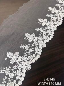 SNE146 Cotton Net Embroidered Lace – Dyeable Luxury Lace by Meter