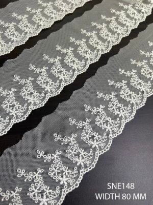 SNE148 Cotton Net Embroidered Fine Lace – Dyeable Luxury Lace by Meter