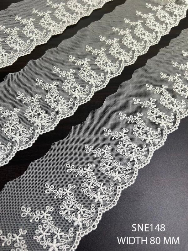 SNE148 Cotton Net Embroidered Fine Lace – Dyeable Luxury Lace by Meter