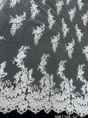 SNE7109 Net Embroidered Pearl Silk White Fabric with double side scallop, 52 inch width, sold per meter