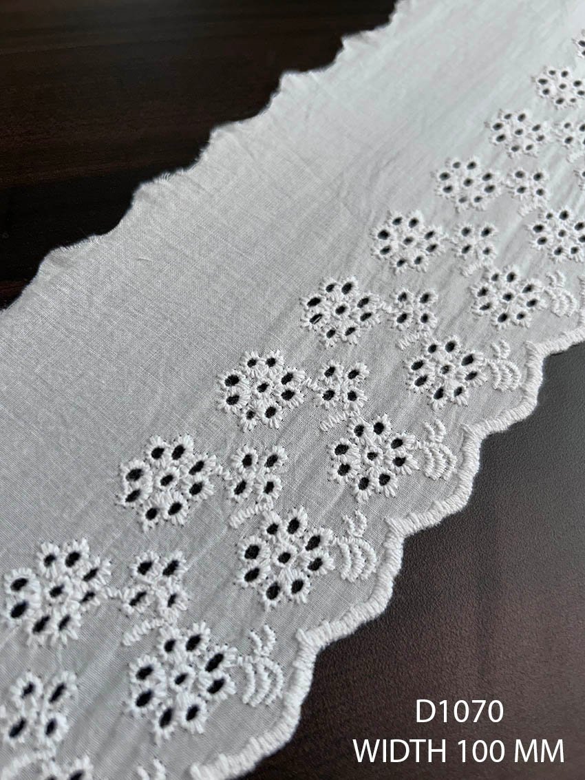 Luxury embroidered cotton lace fabric D1070, 100mm width, dyeable, per meter