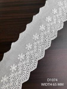 D1074 embroidered white cotton lace 65mm dyeable export quality trim per meter