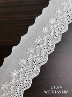 D1074 embroidered white cotton lace 65mm dyeable export quality trim per meter