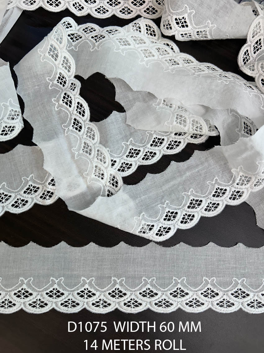 D107 white cambric embroidered soft cotton lace 60mm width dyeable quality