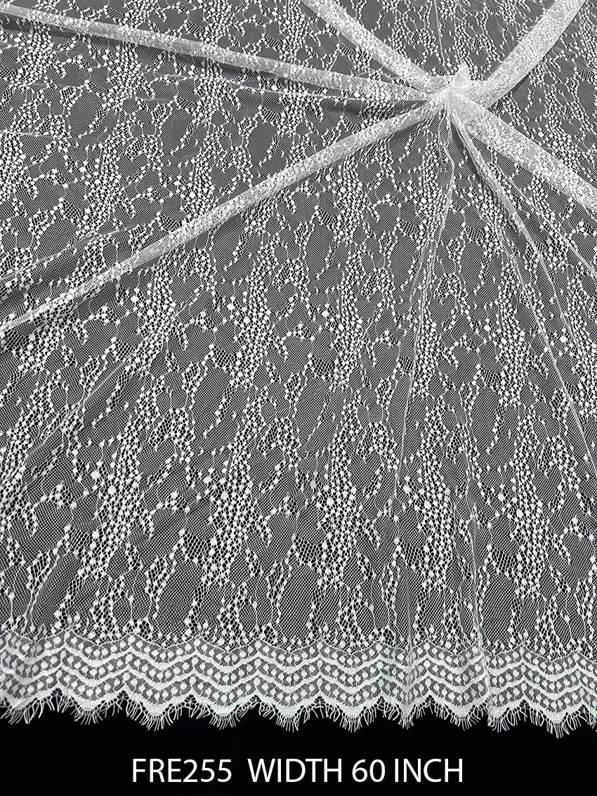 Luxury FRE255 Chantilly bridal lace fabric, scalloped edges, dyeable, 60 inch width, export length 3 meters