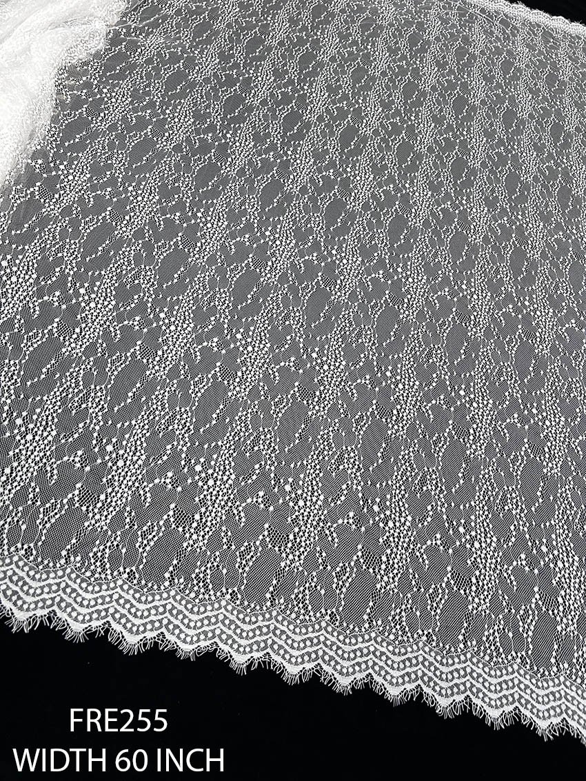 Luxury FRE255 Chantilly bridal lace fabric, scalloped edges, dyeable, 60 inch width, export length 3 meters