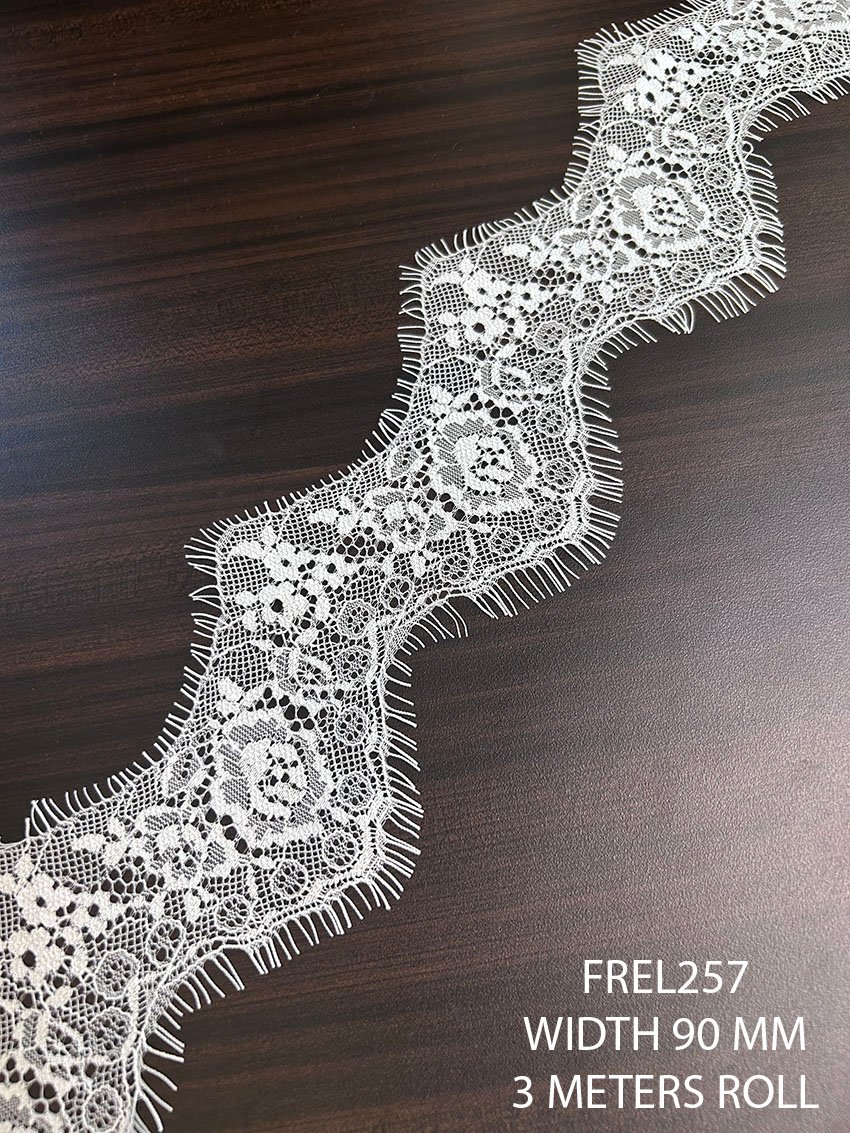 Luxury FREL257 White Chantilly Lace fabric, 90mm width, dyeable, 3 meters