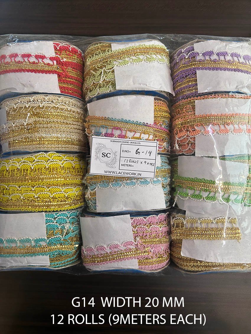 Set of 12 assorted lace rolls, 20mm wide, 9m each, total 89m
