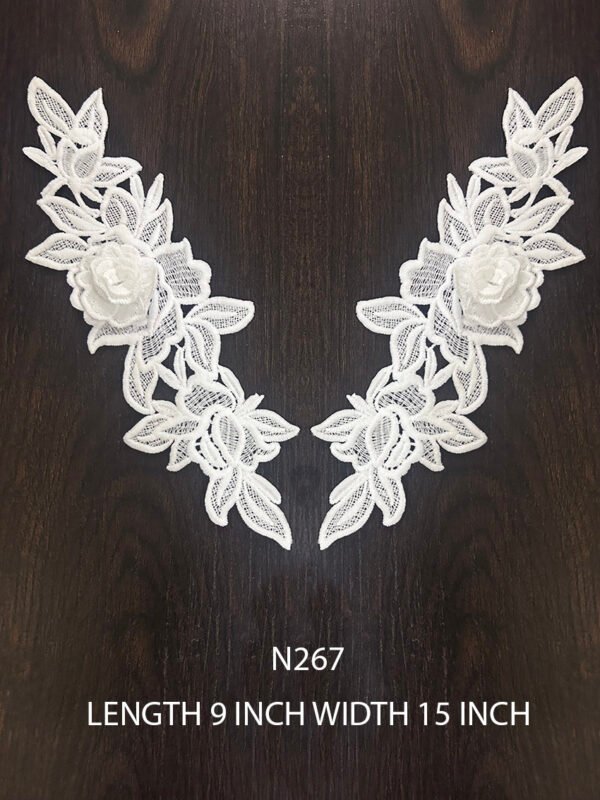 N267 White Poly GPO Neck Lace Patch Pair with 3D Flower, 9 inch length x 15 inch width