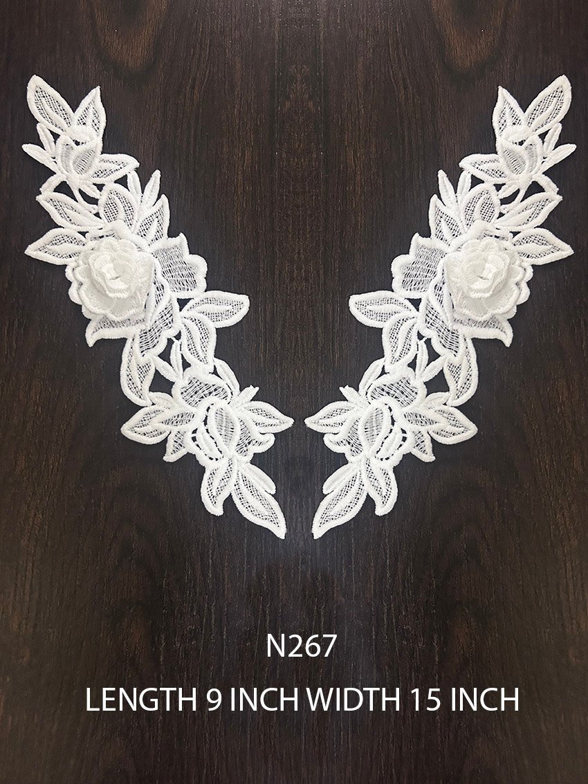 N267 White Poly GPO Neck Lace Patch Pair with 3D Flower, 9 inch length x 15 inch width