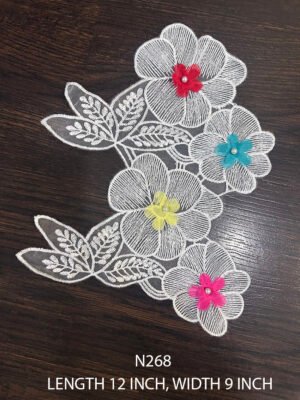 Elegant N268 White Poly Neck Patch Lace Piece on organza net featuring colored flower design, 12x9 inch