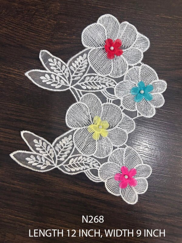 Elegant N268 White Poly Neck Patch Lace Piece on organza net featuring colored flower design, 12x9 inch