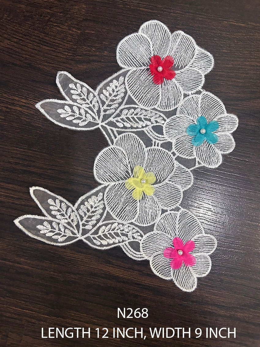 Elegant N268 White Poly Neck Patch Lace Piece on organza net featuring colored flower design, 12x9 inch