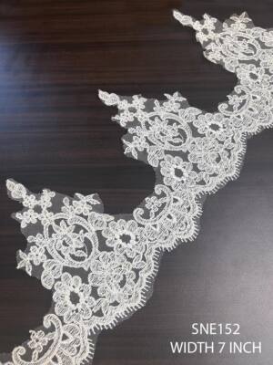 SNE152 net embroidered bridal cording lace in 7 inch pearl white pearl white bridal lace trim 7" width SNE152 for wedding dress close up net embroidered lace SNE152 bridal embellishment