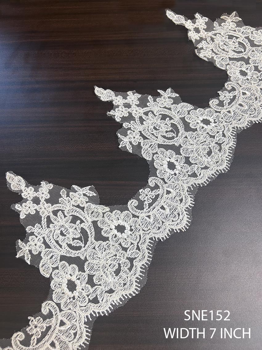 SNE152 net embroidered bridal cording lace in 7 inch pearl white pearl white bridal lace trim 7" width SNE152 for wedding dress close up net embroidered lace SNE152 bridal embellishment