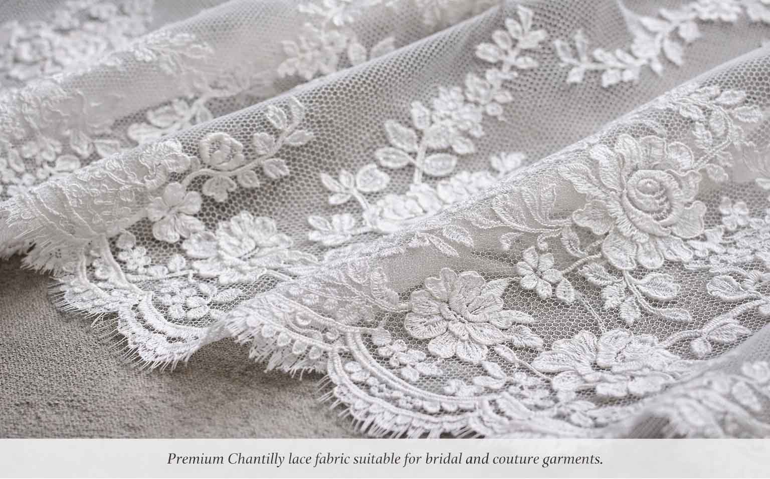 White Chantilly lace fabric with delicate floral motifs and scalloped edges used in bridal gowns and couture wear