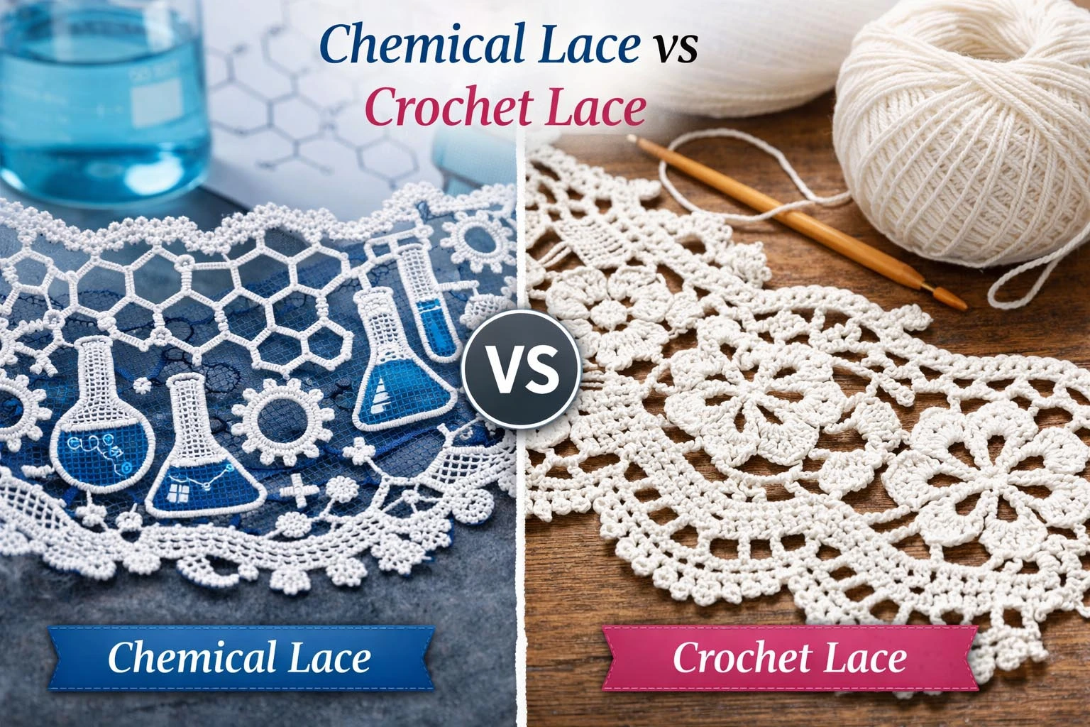 Chemical Lace vs Crochet Lace Comparison Guide Comparison of chemical lace and crochet lace fabrics used in bridal and designer wear