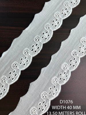 D1076 40 MM white fabric embroidered lace with floral eyelet pattern and scalloped edge