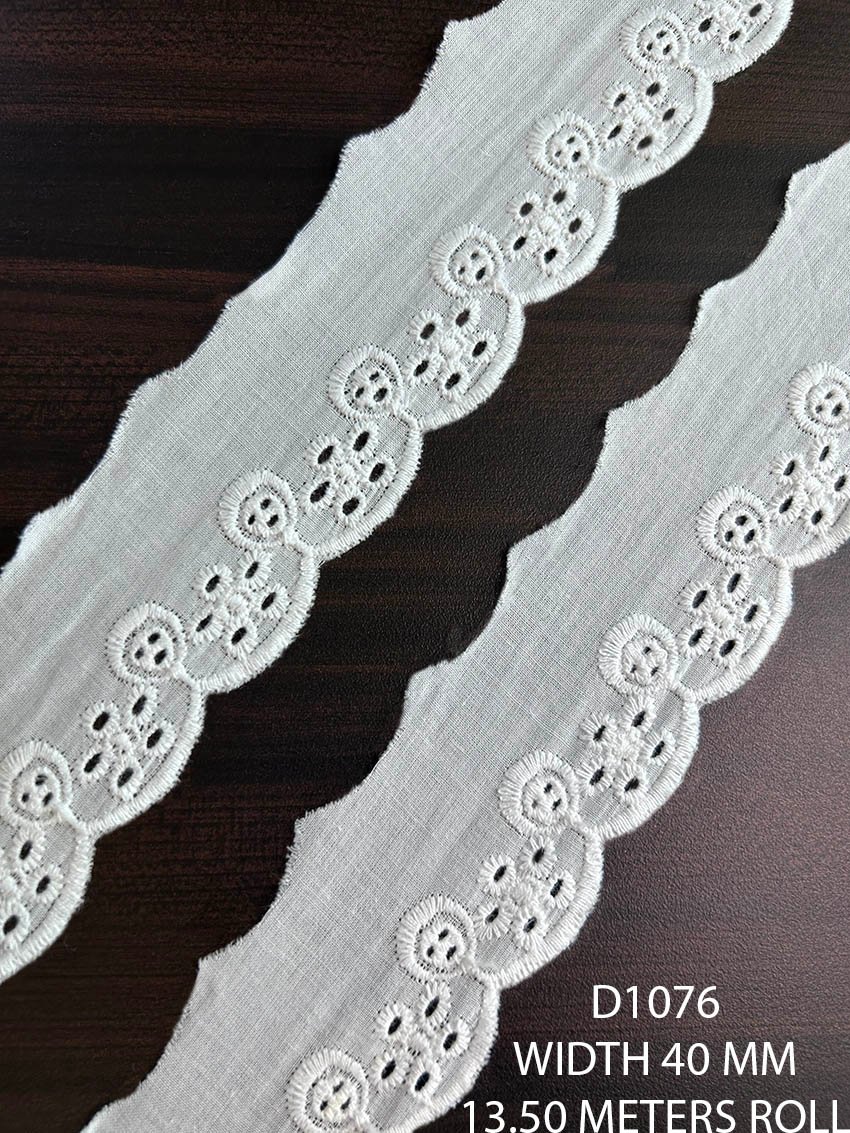 D1076 40 MM white fabric embroidered lace with floral eyelet pattern and scalloped edge