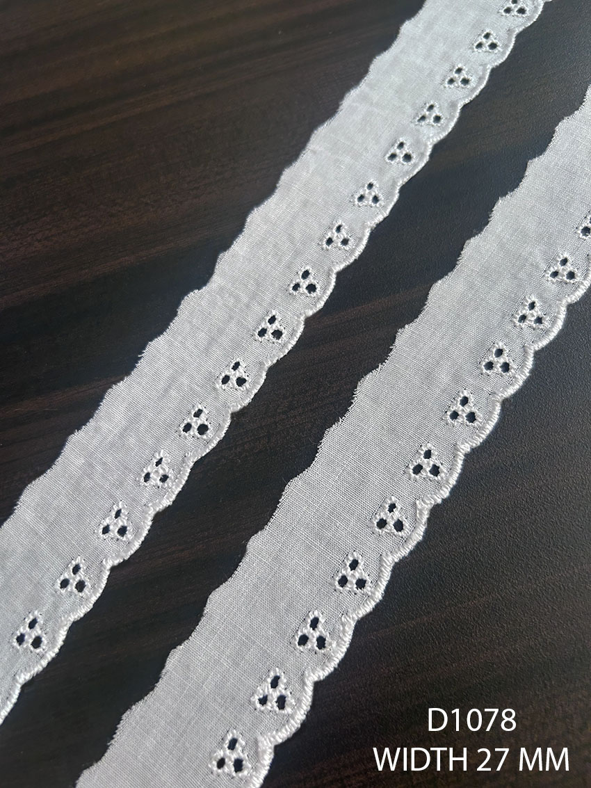 D1078 white fabric embroidered poly lace 27mm per meter