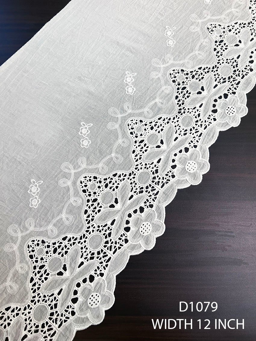 White cambric embroidered lace fabric D1079, 12-inch width, 6-inch embroidery, dyeable applique