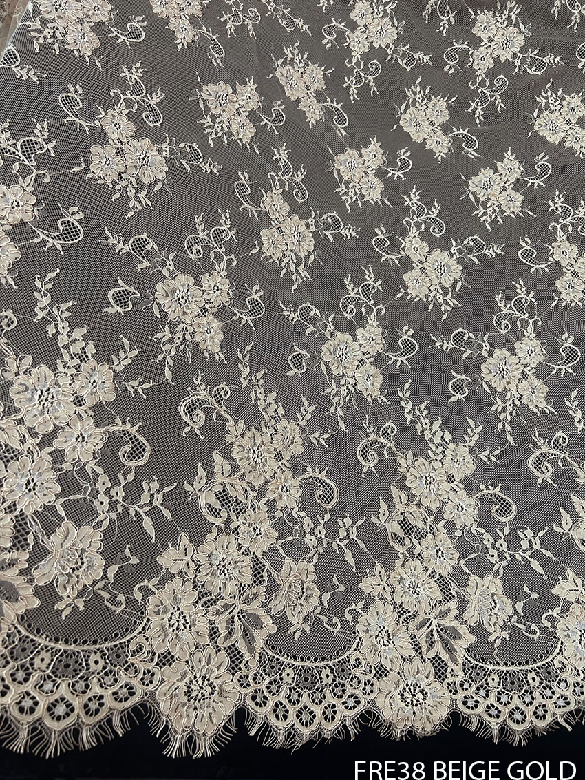 FRE38 dark beige chantilly eyelash lace goldish matte color with cording 3 meters