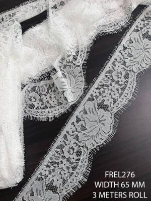 Soft Chantilly lace with light floral pattern and eyelash border. 105mm elegant lace supplied in 3 meter roll, ideal for overlays and designer garments.