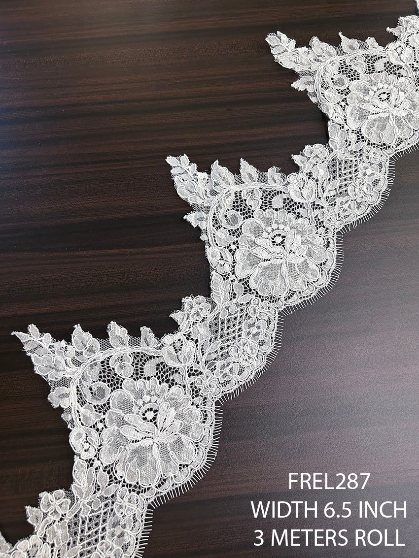 Luxury white Chantilly eyelash lace with cording and sequins, 6.5 inch width, 3 meter roll